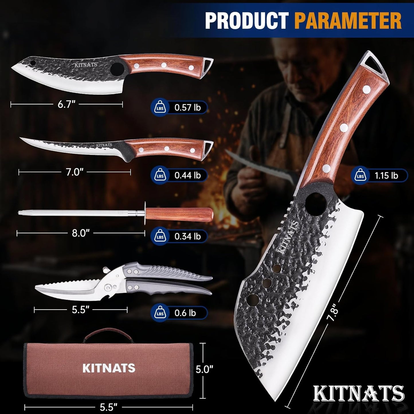 KITNATS 9PCS Butcher Knife Set with Roll Bag, Hand Forged Kitchen Knife Set with Meat Cleaver, Boning Knife & Chef Knife for BBQ, Meat Processing, Camping, Outdoor Cooking, Gift for Men