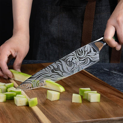 SENKEN 8-piece Engraved Japanese Kitchen Knife Set & Beautiful Green Resin Epoxy Handles - Wasabi Collection - Chef's Knife, Santoku, Cleaver, Paring, & More