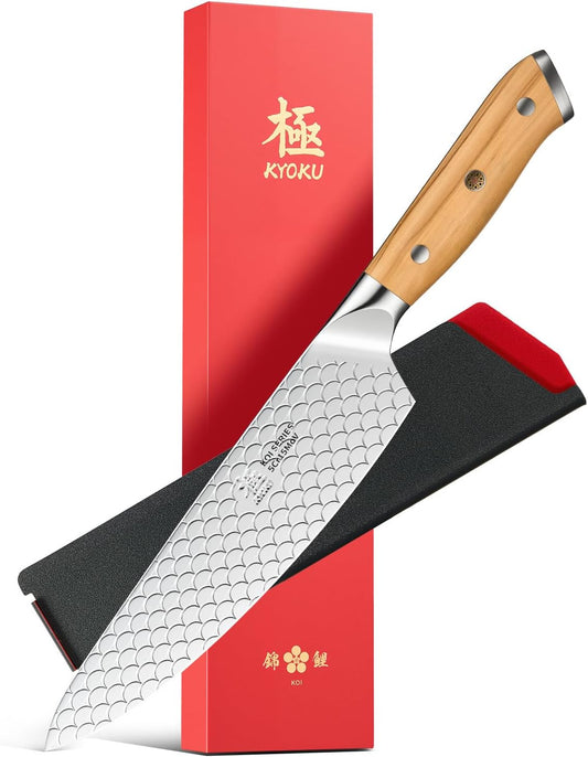 KYOKU 8 in. Gyuto Chef Knife, Koi Series Japanese Chef Knife with Olive Wood Handle Koi Scale Pattern, High Carbon Stainless Steel Full Tang Japanese Kitchen Knife with Protective Sheath & Gift Box