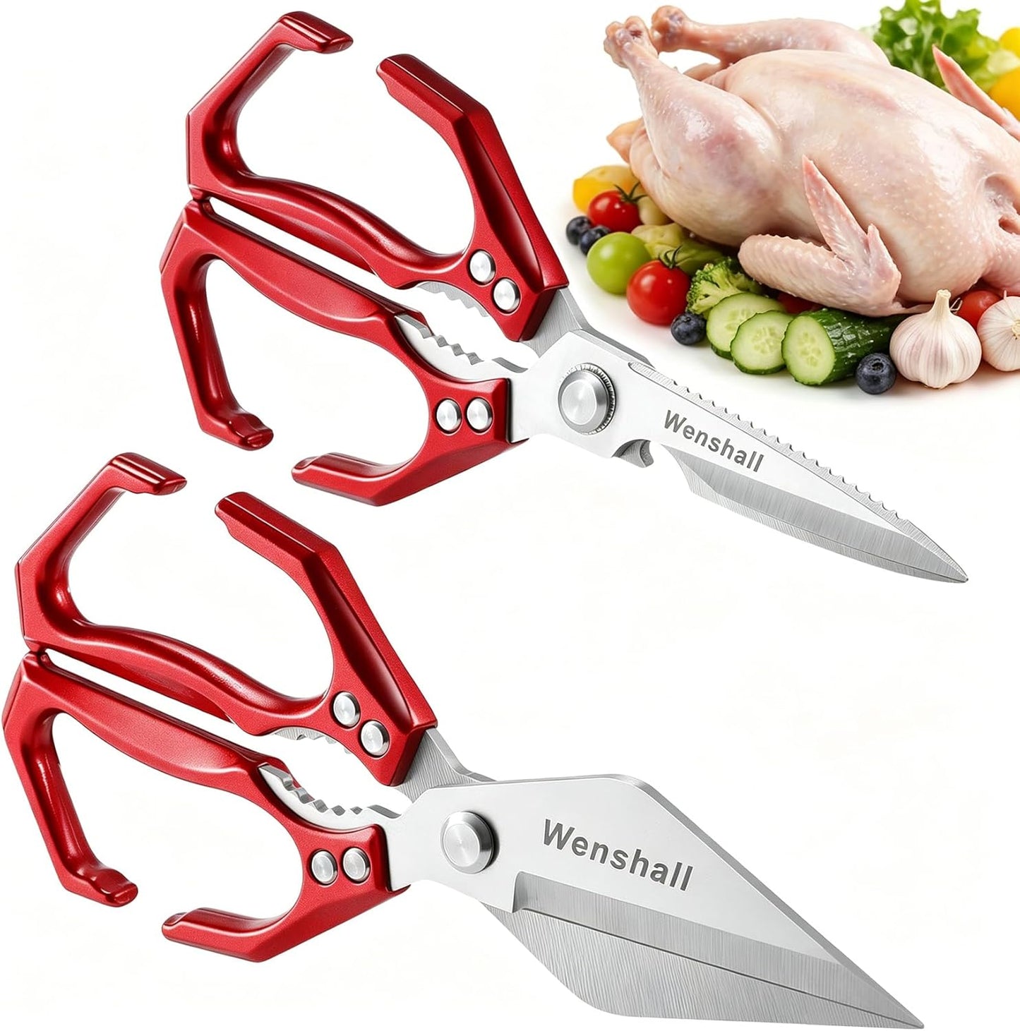 Wenshall 2-Pack Heavy Duty All-Purpose Kitchen Scissors, Japanese Stainless Steel, Kitchen Shears for Cutting Chicken, Poultry, Game, Meat - Chopping Vegetable, Dishwasher Safe,Christmas (Red)