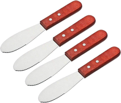 Wall2Wall Stainless Steel Straight Edge Wide Butter Spreader Deluxe Sandwich Cream Cheese Condiment Knives Set Kitchen Tools, Wood Handle, 8” (4)