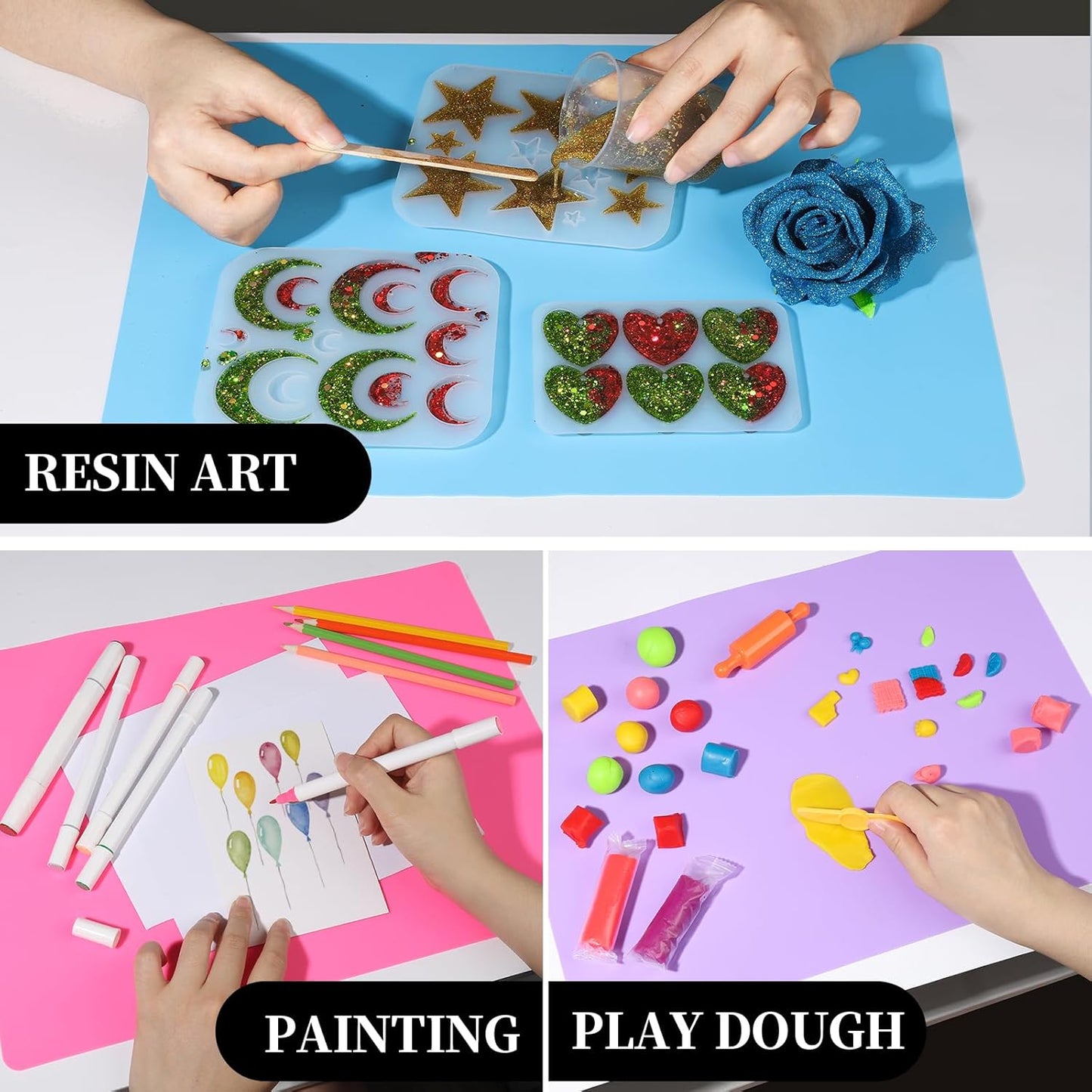 LEOBRO Silicone Mats, 3 PCS 15.7”x 11.7” Silicone Mats for Crafts, Resin Molds, Play Dough Mat for Resin, Clay, Craft Supplies, Orange & Purple & Blue