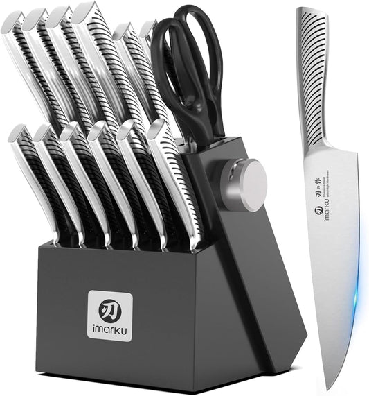 imarku 14-Piece Premium Knife Block Set, Black Kitchen Knife Set with Block and Build-in Sharpener, High-Carbon Stainless Steel Knives for Lasting Sharpness, Dishwasher Safe, Gift for Men