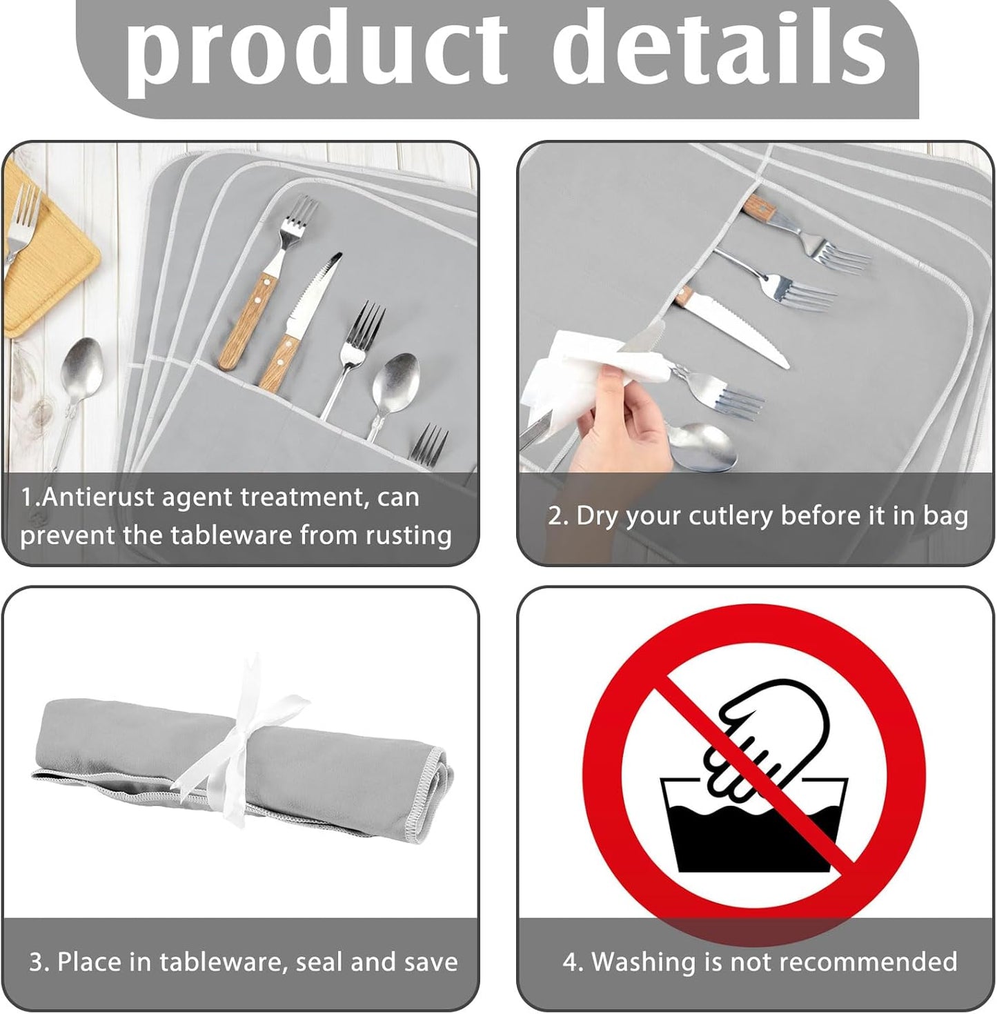 Hillban 6 Pcs Anti Tarnish Silver Storage Bags Silver Storage Cloth Felt Flatware Organizer Anti Tarnish Protector Bags Place Setting Roll with White Ribbon for Kitchen Cutlery (12 Slots,Black)