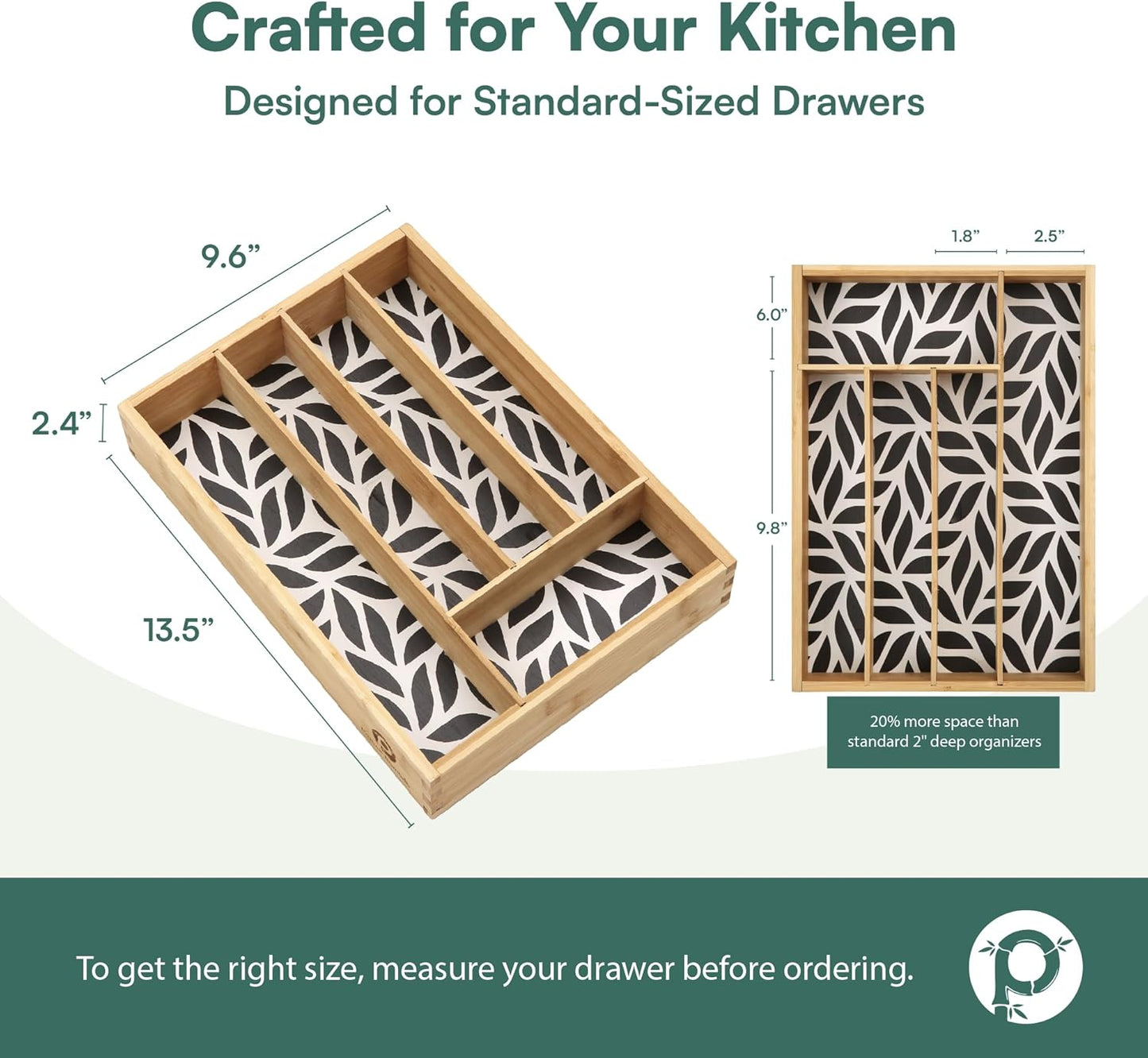 Pristine Bamboo Silverware Organizer - Small Extra-Deep Wooden Kitchen Drawer Organizer Divider for Spoons, Forks, Knives & Cutleries - 5 Slots