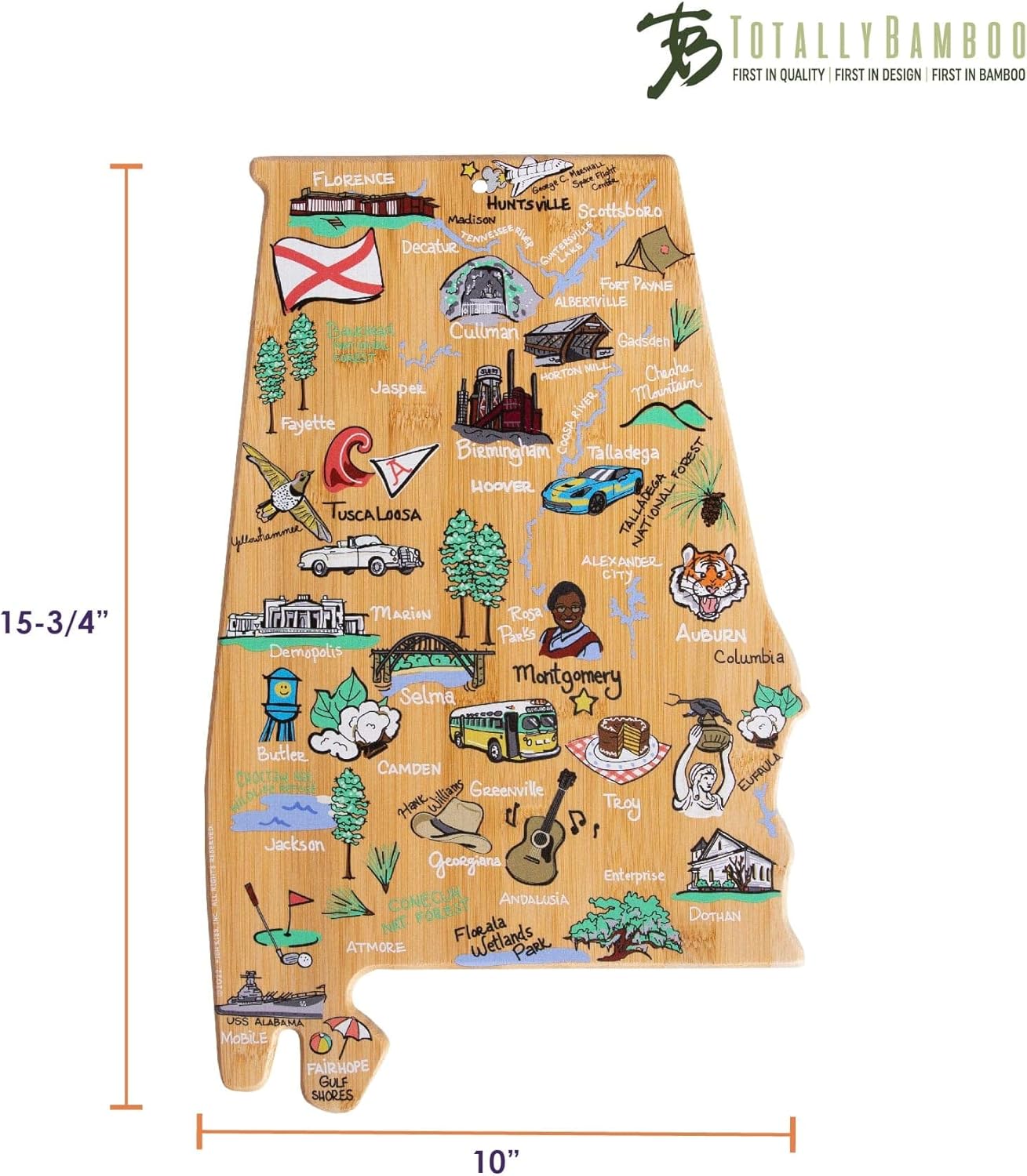 Totally Bamboo Tennessee State Shaped Cutting Board and Charcuterie Serving Platter with Artwork by Fish Kiss, Includes Hang Tie for Wall Display - Colors A