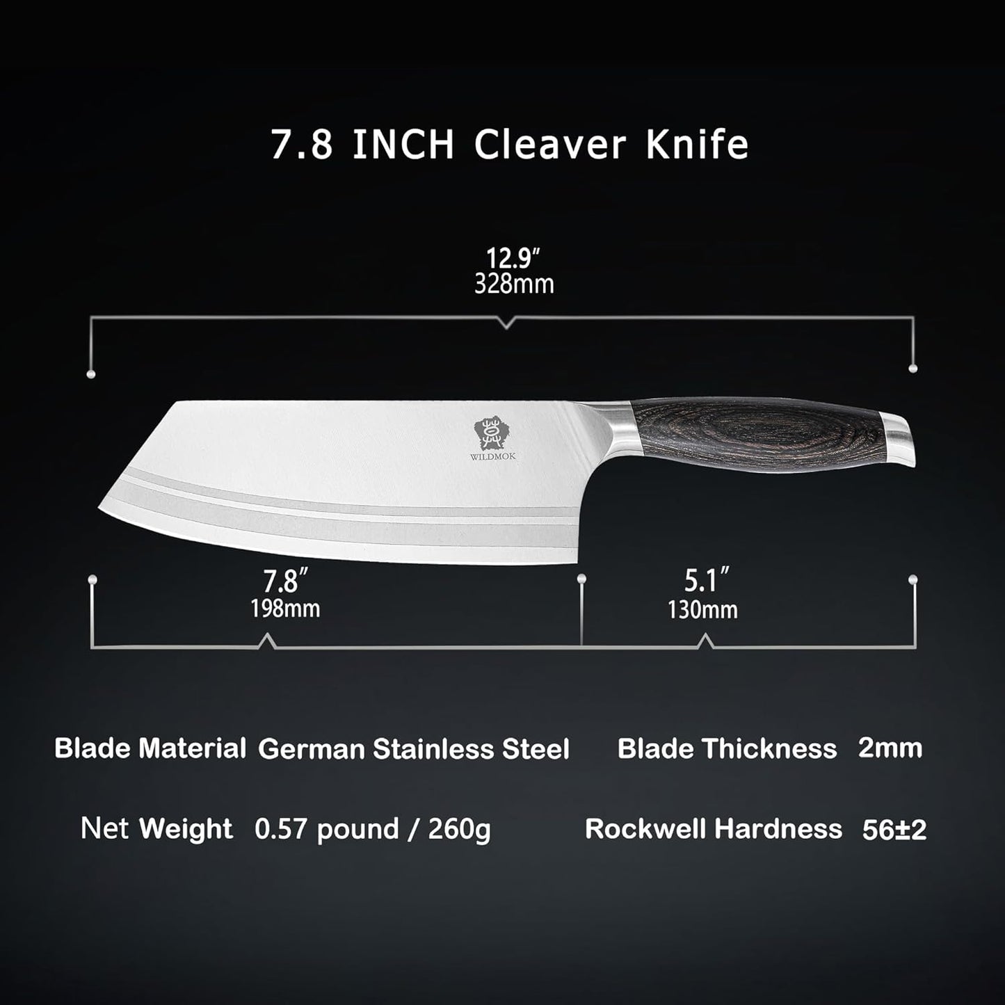 WILDMOK Meat Cleaver Knife 7.8 Inch, Ultra Sharp Chinese Chef's Knives - Kitchen Chopping Knife, German Steel & Ergonomic Handle for Meat Cutting Vegetable Slicing