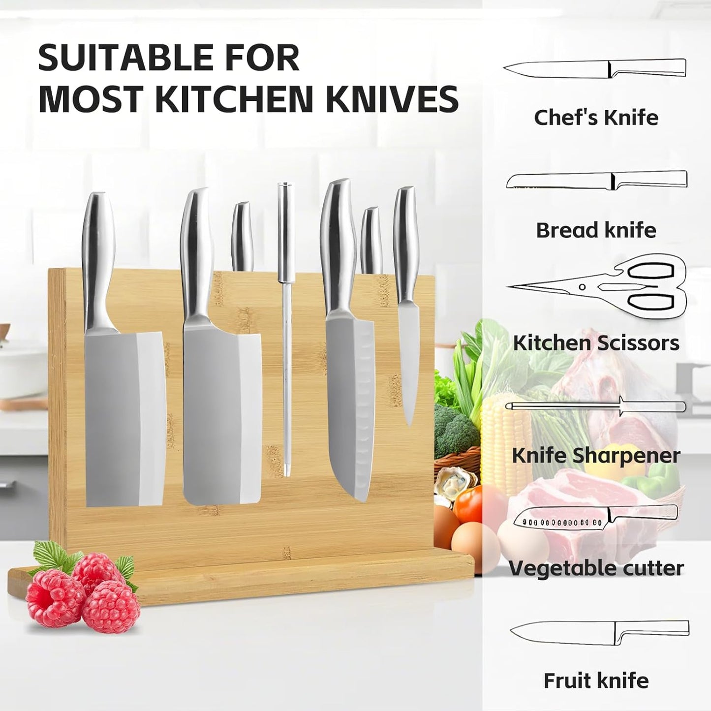 Double Sided Magnetic Knife Stand with sharpener,Kitchen Storage with Strong Magnets for Knives & Utensils,Modern Wooden Knife Block for Kitchen Countertops, Without Knives,14"x10"