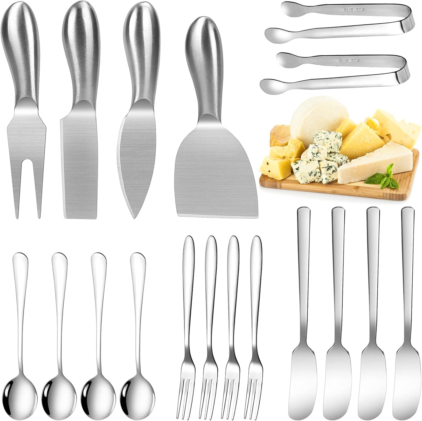 18 pieces Charcuterie Board Accessories, Gold Stainless Steel Cheese Knives, Butter Knife Spreader, Appetizer Forks, Mini Serving Tongs Spoons for Gathering Wedding Birthday...