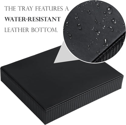 HofferRuffer Faux Leather Vanity Tray, Elegant Desktop Storage Organizer, Decorative Catchall for Perfume, Bathroom Valet, Nightstand or Dresser, 10.2 x 8.4 x 1.8 inches (Grey Stripe)