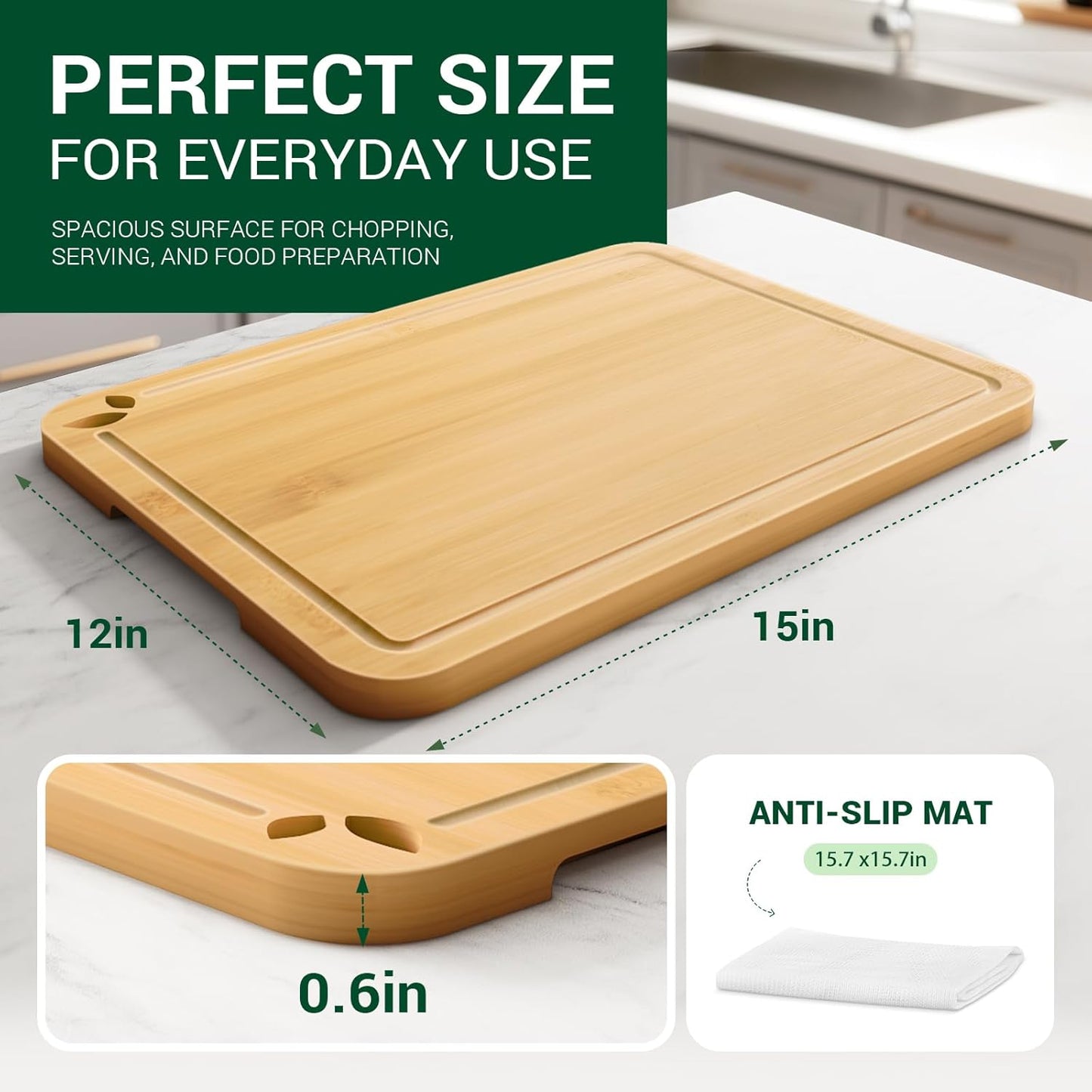 Bamboo Cutting Boards for Kitchen with Holder & Silicone Mat, Lightweight & Knife-Friendly Wood Cutting Board Set with Side Handles and Juice Grooves, Natural