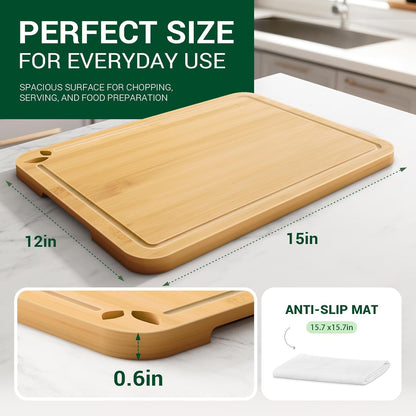 Bamboo Cutting Boards for Kitchen with Holder & Silicone Mat, Lightweight & Knife-Friendly Wood Cutting Board Set with Side Handles and Juice Grooves, Natural