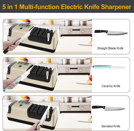 Electric Knife Sharpener, 5 in 1 Multifunctional 3-Speed Variable Professional Knife Sharpener with LCD Screen for Straight, Serrated, Meat Cleaver, Ceramic Knives, Scissors & Axes, Gray