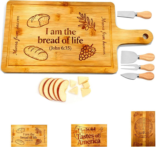 Engraved Bamboo Cheese Board with 4 Cheese Knives – “CHEESE BOARD – Share Joy”Charcuterie Serving Platter, Juice Groove & Handle, Cheese Knife Set, Gift for HostessHousewarming