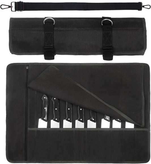 Chef Knife Roll Bag,Waxed Canvas Knife roll bag,Portable 10 Slots Chef Knife case with 1 Zipper Pockets,Heavy Duty Knives Roll Bags for Chef Case for Camping and Hold Home Kitchen Knife Tools Up