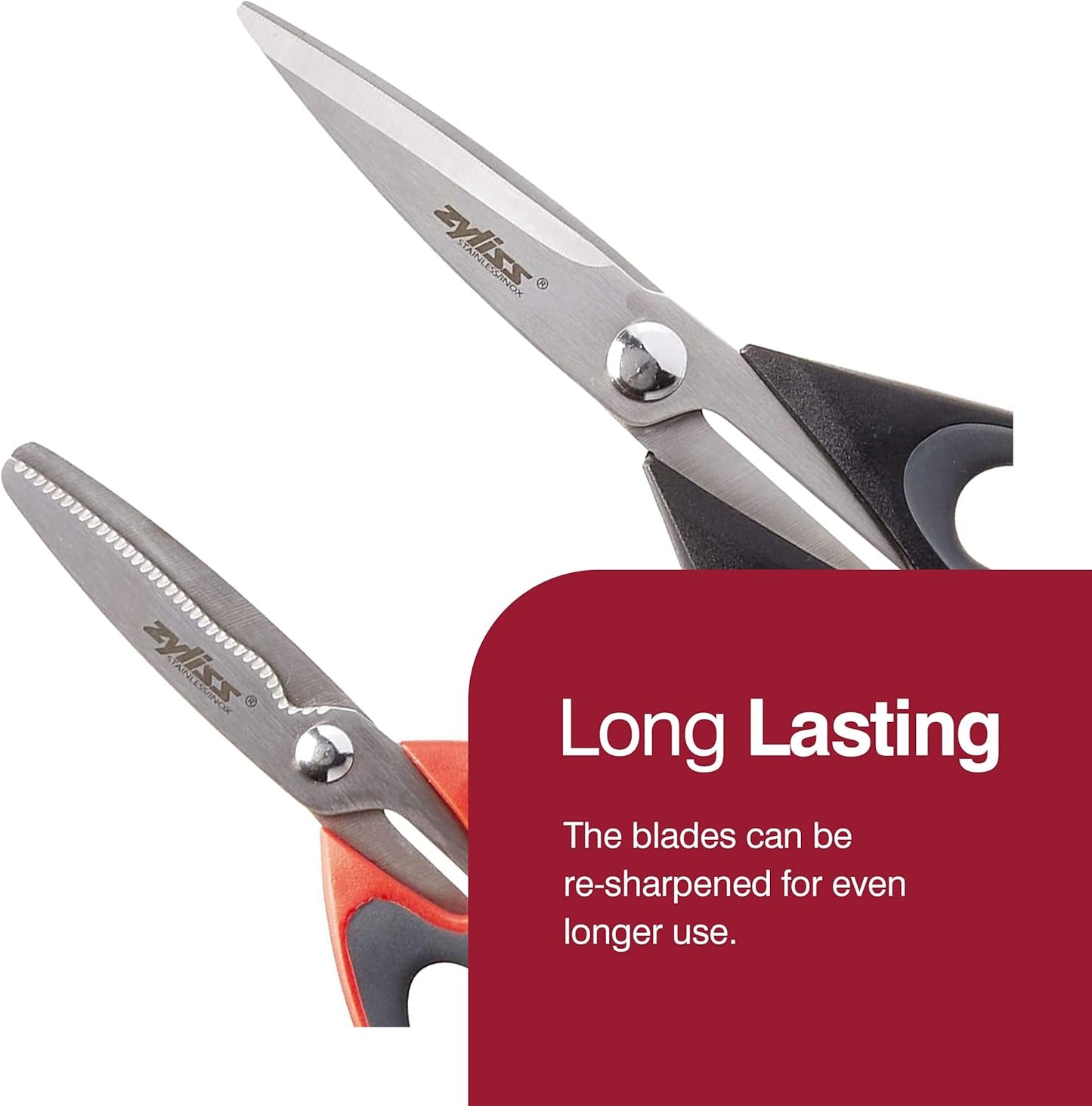 Zyliss 2-Piece Stainless Steel Kitchen Scissor & Shear Set – 7" Red & 9" Black – Micro-Serrated Blades, Soft-Touch Grip, Heavy-Duty Hinge & Box Cutter – Food Prep & Household Use Durable & Versatile