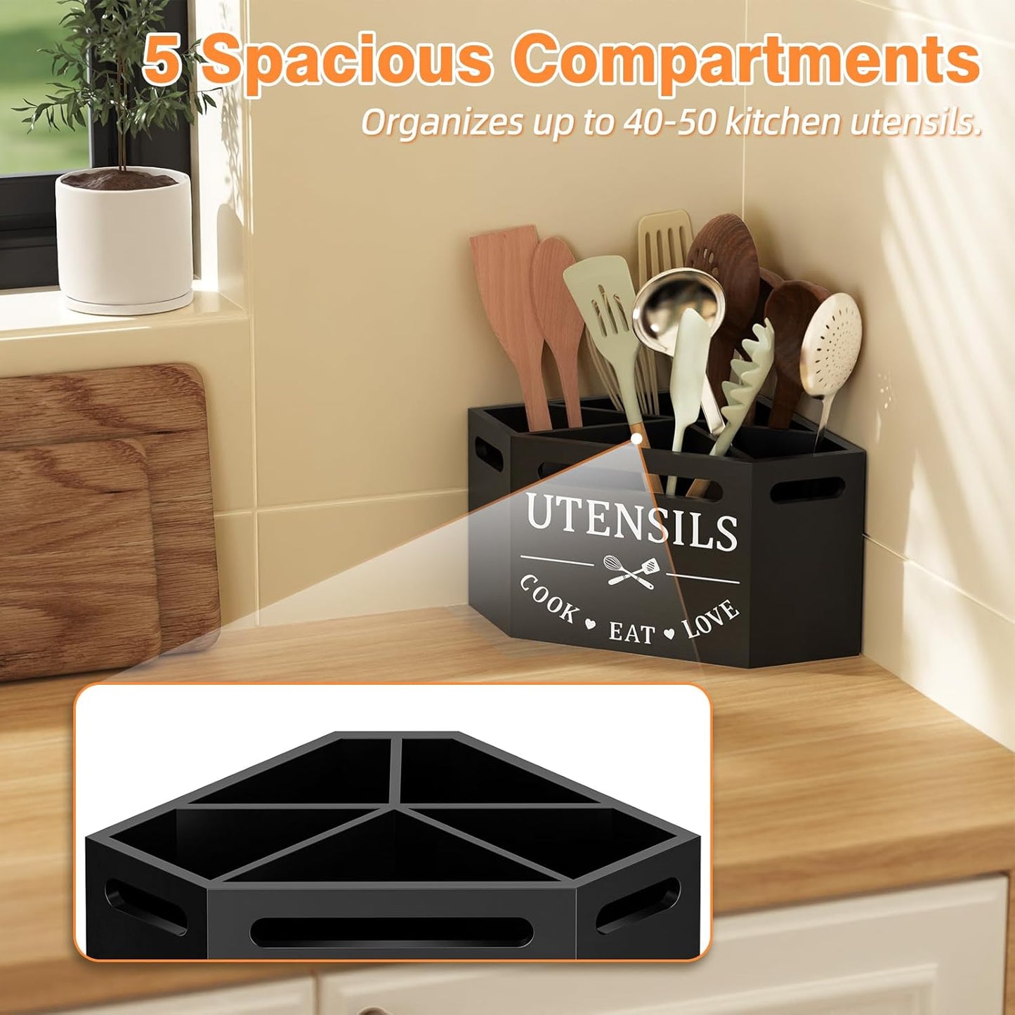 Kitchen Utensils Holder with 5 Compartments, Corner Utensil Caddy for Countertop, Black Large Wooden Utensil Organizer for Kitchen Countertop for Silverware Spoon Spatula