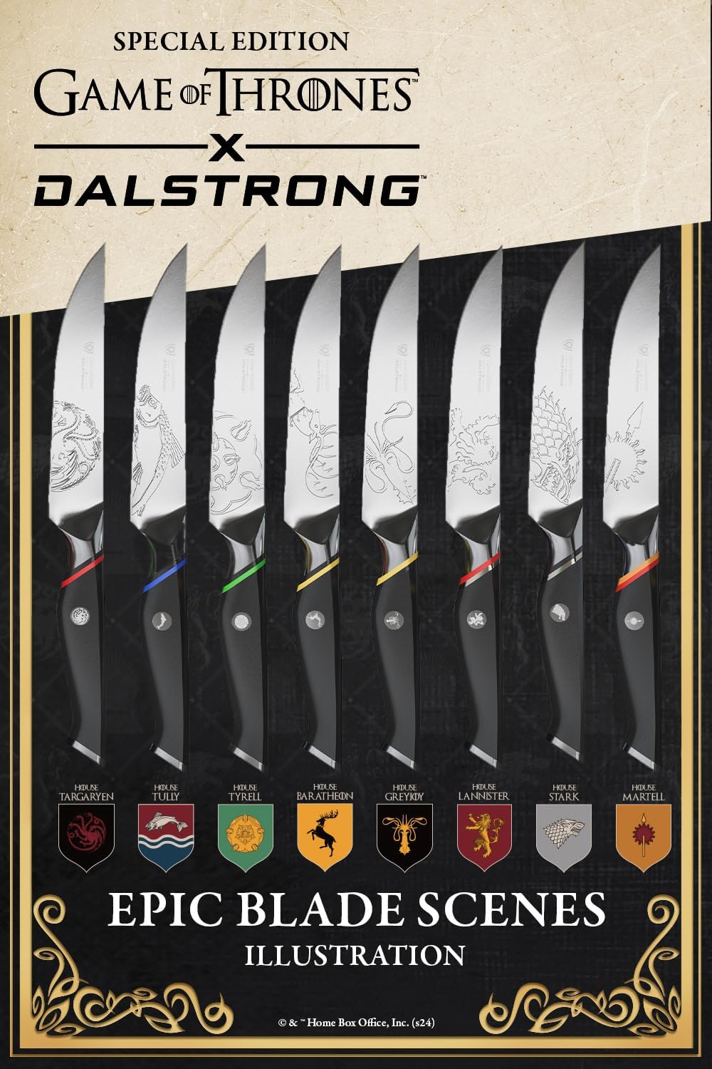 Dalstrong 8 inch Chef Knife- Game of Thrones™ Knife - House Lannister™ Edition - German Premium Steel Full Tang - Professional G10 Handle - Collection Item Toughbuilt Utility Knife- Leather Sheath