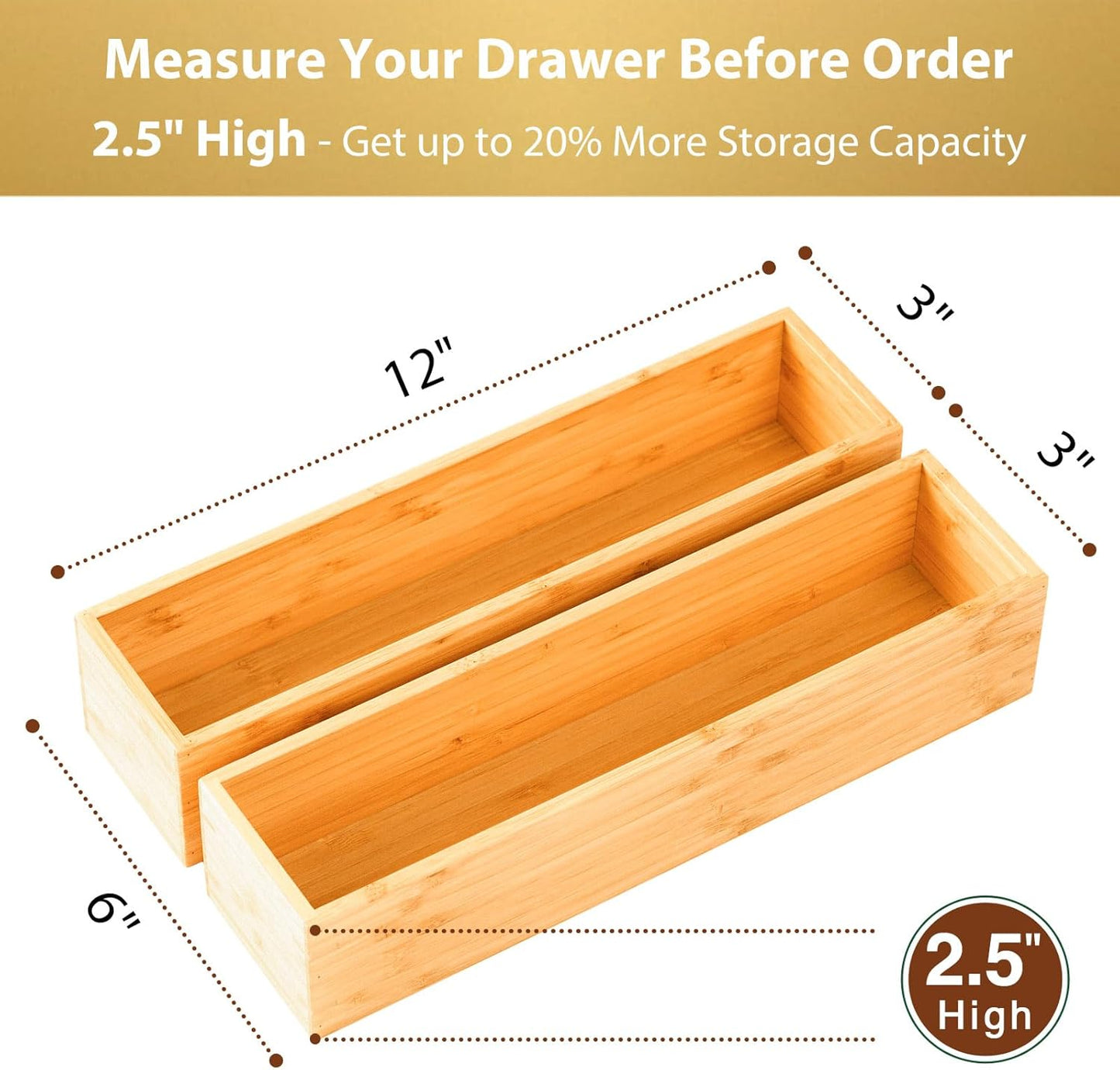 Umilife Bamboo Kitchen Utensils Organizer, Extra Long High Silverware Drawer Holder, Flatware Cutlery Storage Box, Multi-Use Drawer Divider in Office, Bathroom, Pantry - 17"x6"x2.5" (Set of 2)
