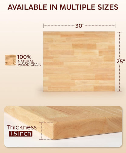 Hevea Butcher Block Countertop, 25"×24"×1.5" Solid Wood Butcher Block, Unfinished Wood Table Top DIY Cut for Kitchen Island, Cutting Board, Washer Dryer Countertop, Living and Dining Room Table 2ft