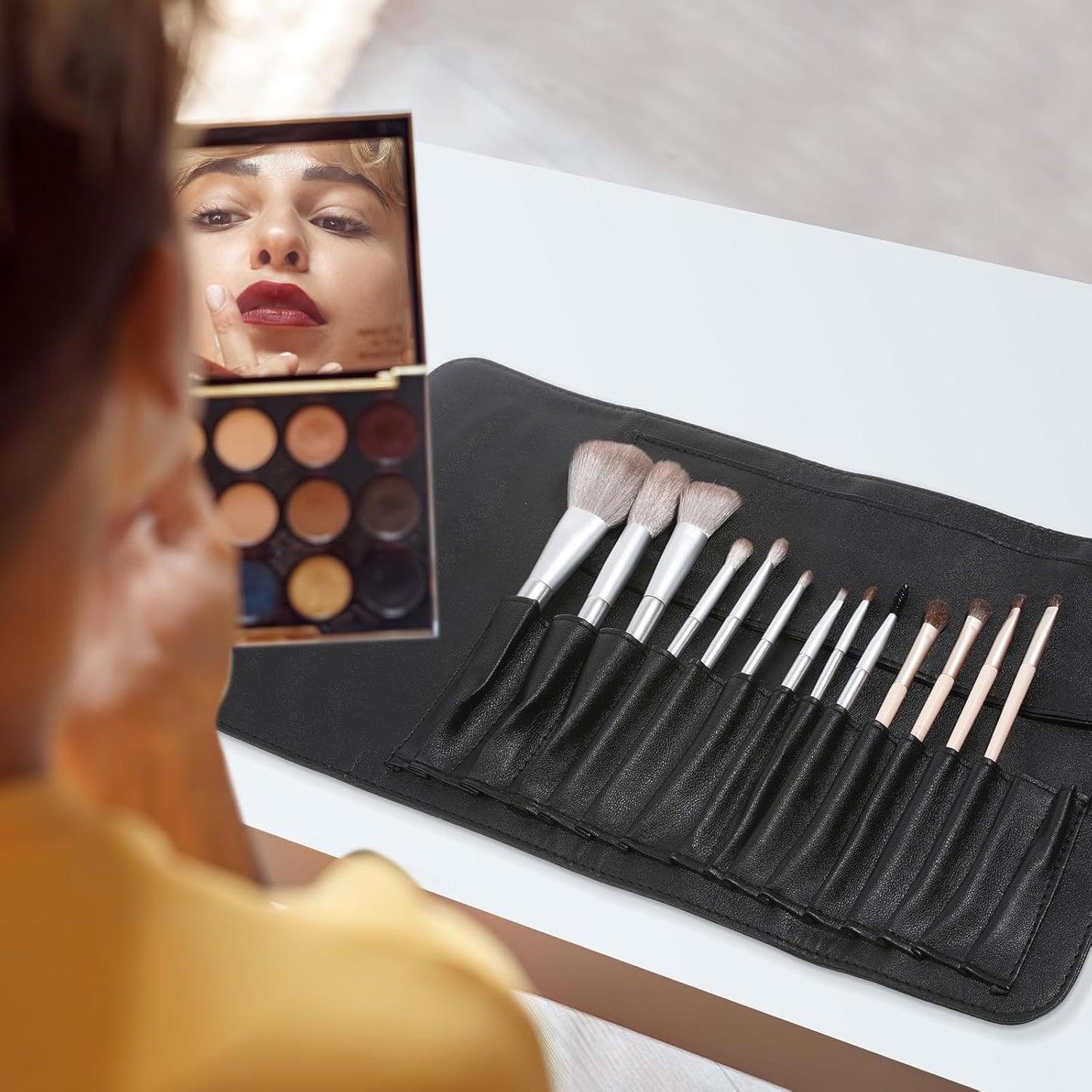 ULTECHNOVO Makeup Brush Case Travel, Makeup Brush Case Roll Up, Brush Holder Organizer Pouch Cosmetic Bag for Travel, Rolling Bag Storage Case PU Leather