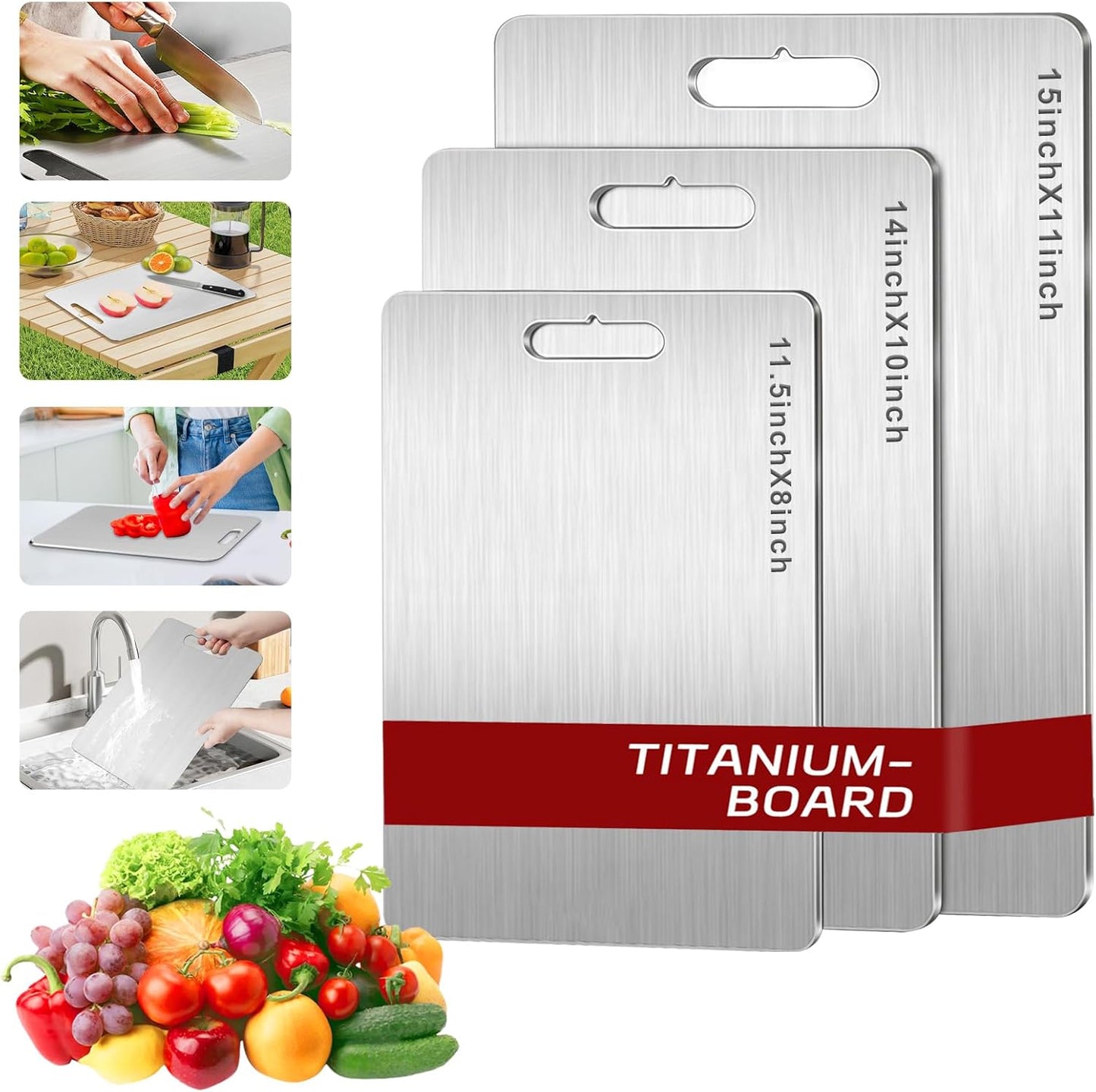 Titanium Cutting Board Set of 3, Upgraded 100% Pure Titanium Cutting Boards for Kitchen, Double Sided Food Grade Non Stick Chopping Cutting Boards for Cutting Meats Fruits Vegetables (3Pcs-S+M+L)