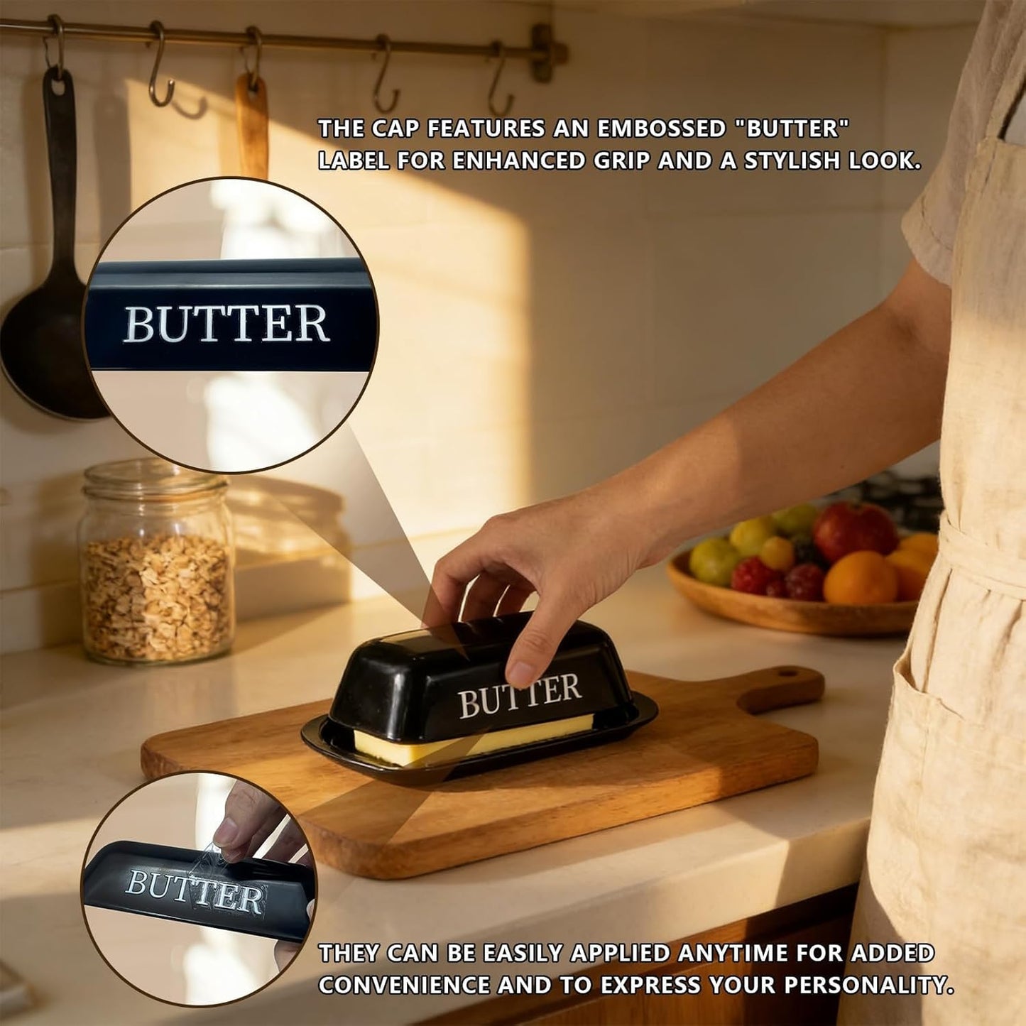 BPA-Free Melamine Butter Dish with Lid & Stainless Steel Knife - Farmhouse Butter Keeper for Countertop & Refrigerator, Dishwasher Safe, Holds 1 Stick with East & West Coast Butter-Cream