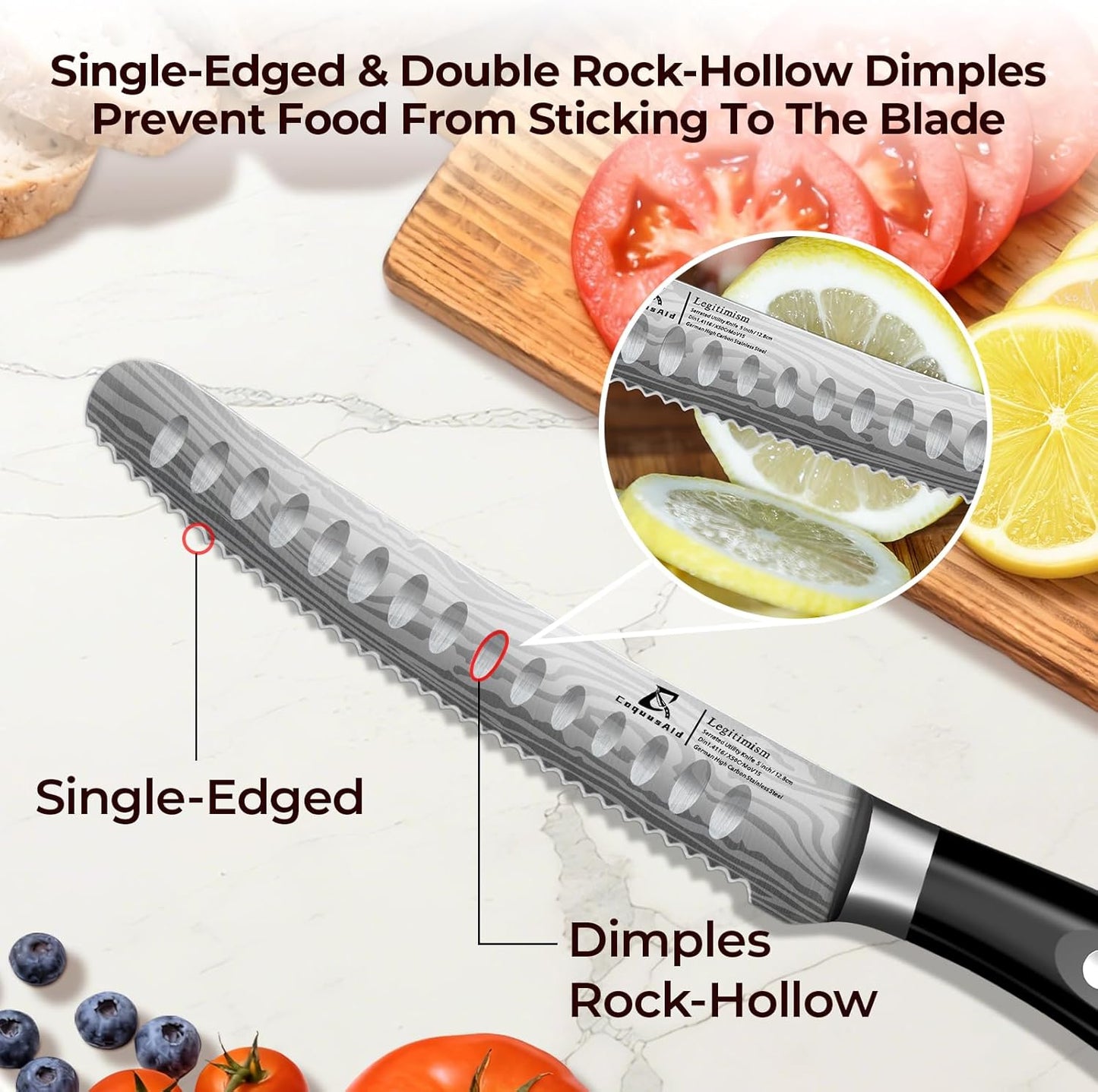 CoquusAid Kitchen Utility Knife, 5 inch Serrated Ultra Sharp Blade, Paring knives, Round Tip Tomato Knife, Ergonomic Handle, Full Tang – Forged High Carbon German Steel, Ideal for Gift (Black)