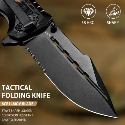 NedFoss Pocket Knife DA76, 3-in-1 Pocket Knife for Men Box Cutter, 3.7“ 8Cr14MoV Serrated Blade Folding Hunting Survival Knife with Liner-Lock Seat Belt Cutter & Glass Breaker,Tacical Knife for Camping, Outdoor, Ideal Gifts for Men Women (Serrated Edge)