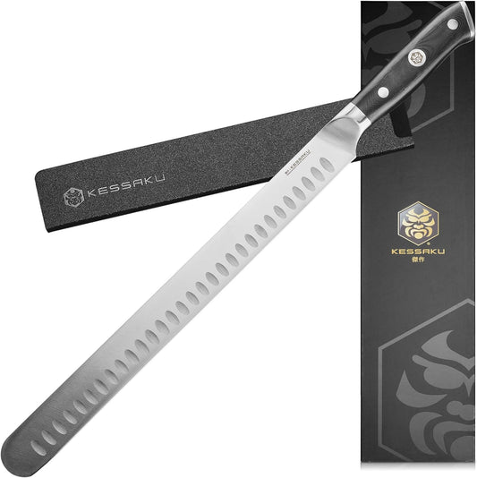 KESSAKU Carving Knife - 12 inch - Dynasty Series - Razor Sharp - Granton Edge - Forged ThyssenKrupp German High Carbon Stainless Steel - G10 Garolite Handle with Blade Guard