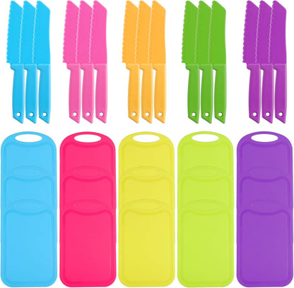 Kifmurase 30 Pcs Kids Plastic Knife Set with Cutting Board, Plastic Safe Knives Toddler Cutting Board Colorful Toddler Kids Cooking Utensils for Salad Fruit Vegetables