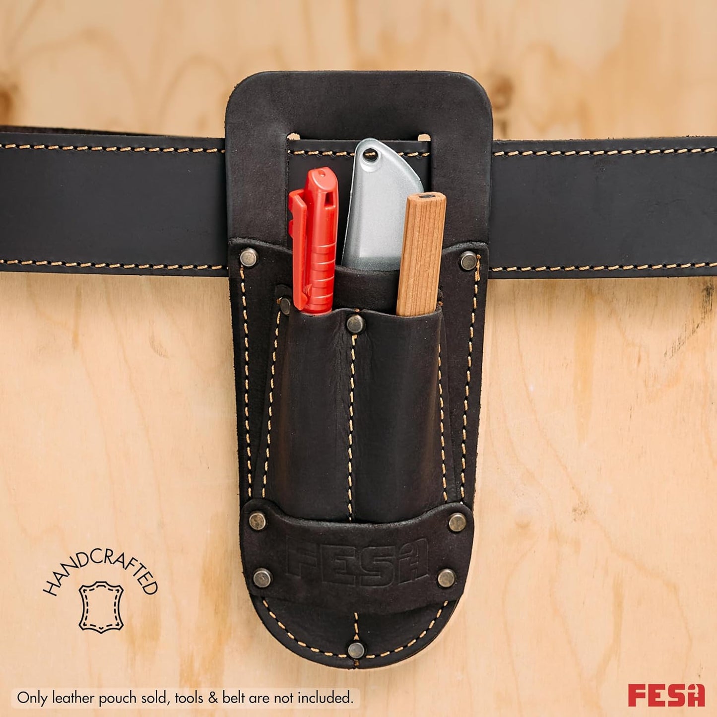 FESA Leather Utility Knife Pouch - Top Grain Leather Knife Pouch for Belt with 2 Pen/Pencil Pockets & Heavy Duty Reinforced Rivets - Fits Belts up to 2" - Handcrafted