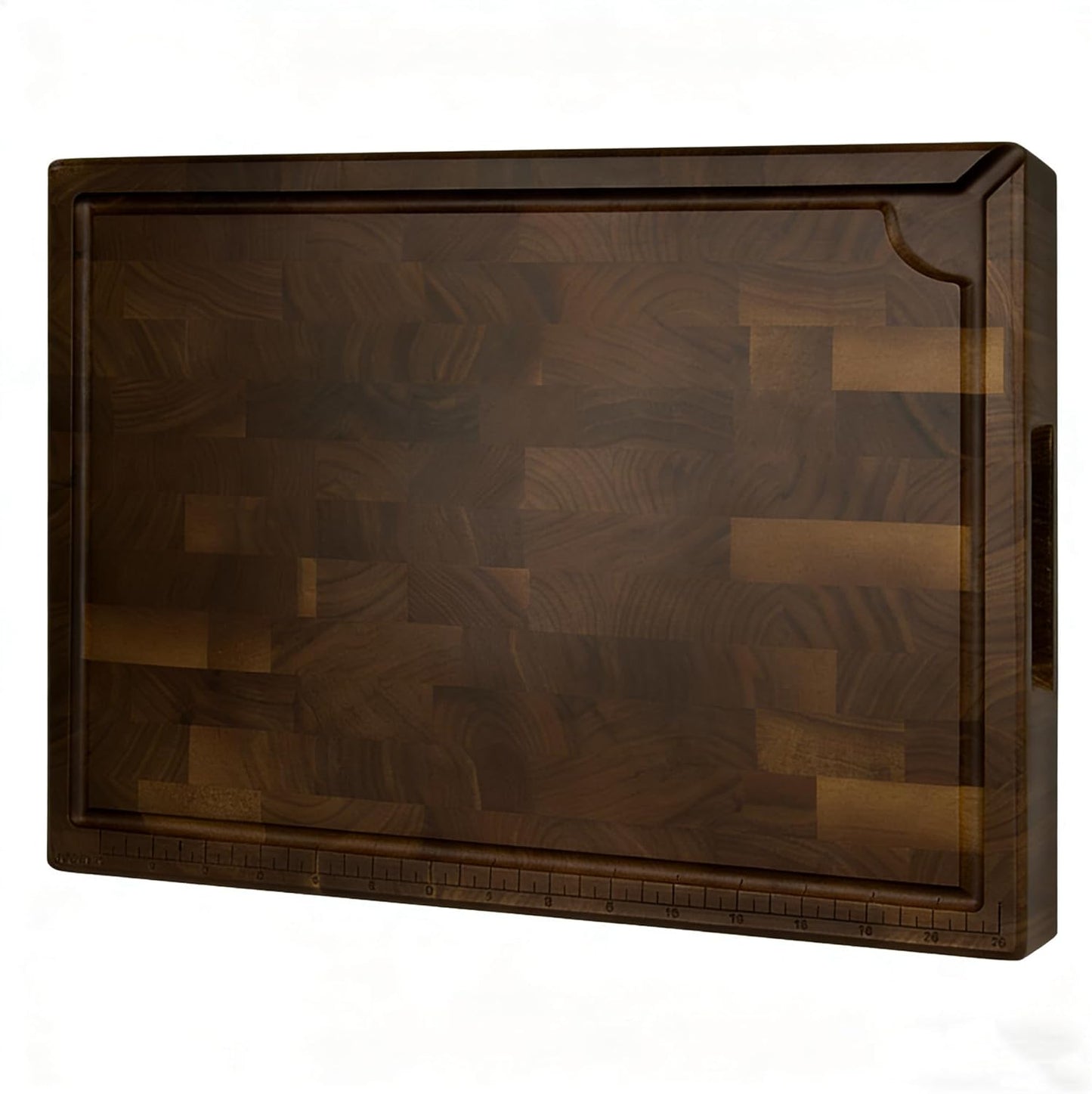 Mitsuharu End Grain Cutting Board, Reversible Large Thick Black Walnut Wood Charcuterie Board Butcher Block 17"x13"x1.5" for Kitchen Use, with Measurements, Juice Groove, Handles, Sorting Compartments