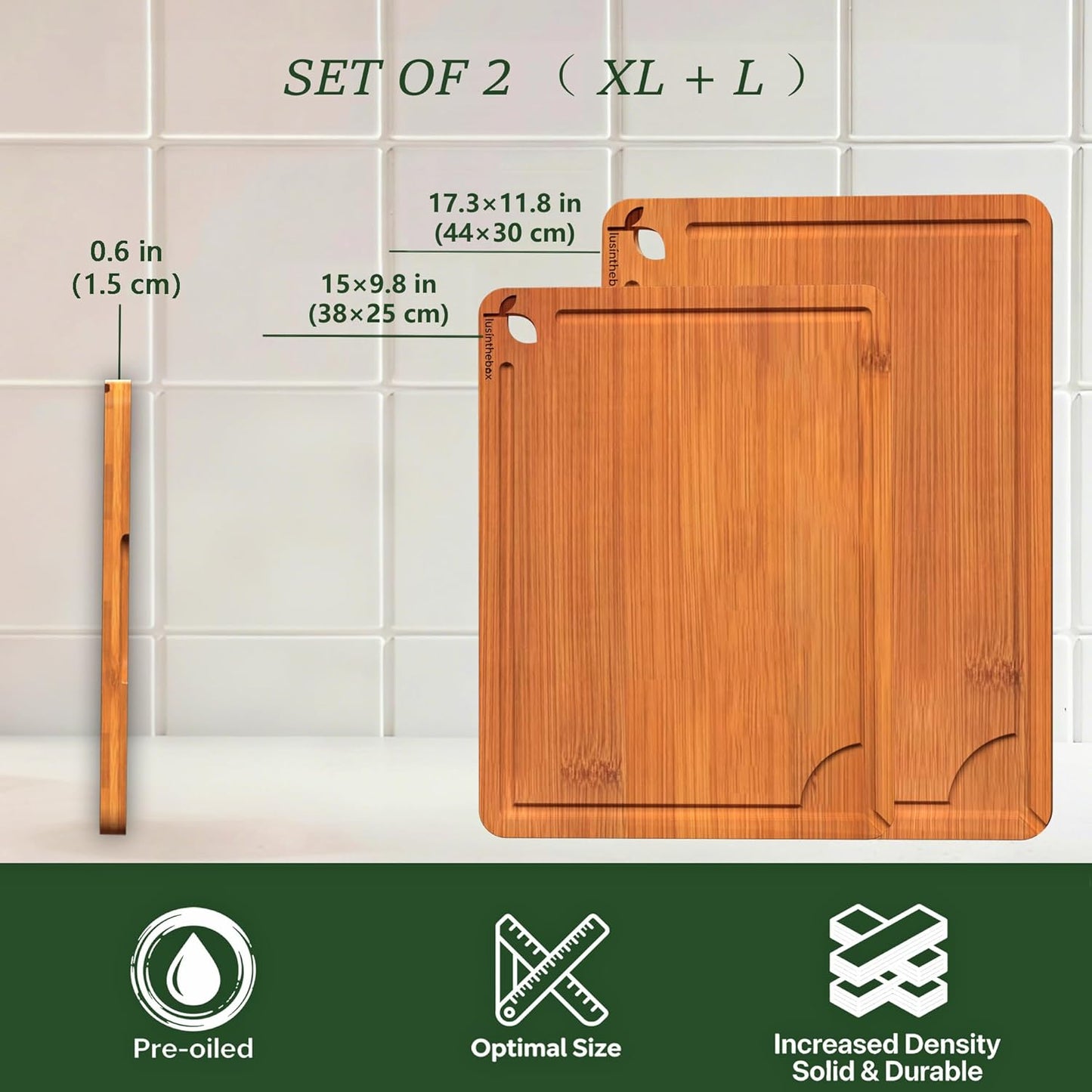 Cutting Boards for Kitchen, Bamboo Cutting Board Set of 3 with Storage Stand, Deep Carbonized Chopping Boards with Deep Juice Grooves and Side Handles for Meat, Vegetables, Fruit and Meal Prep