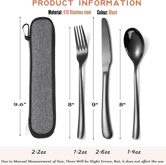 MURRI&MURRDI Travel Stainless Steel Cutlery Set for 1, Reusable Flatware Set with Case,Camping Silverware Set for Work, Knife Fork Spoon Utensil Set 3 Piece, Black