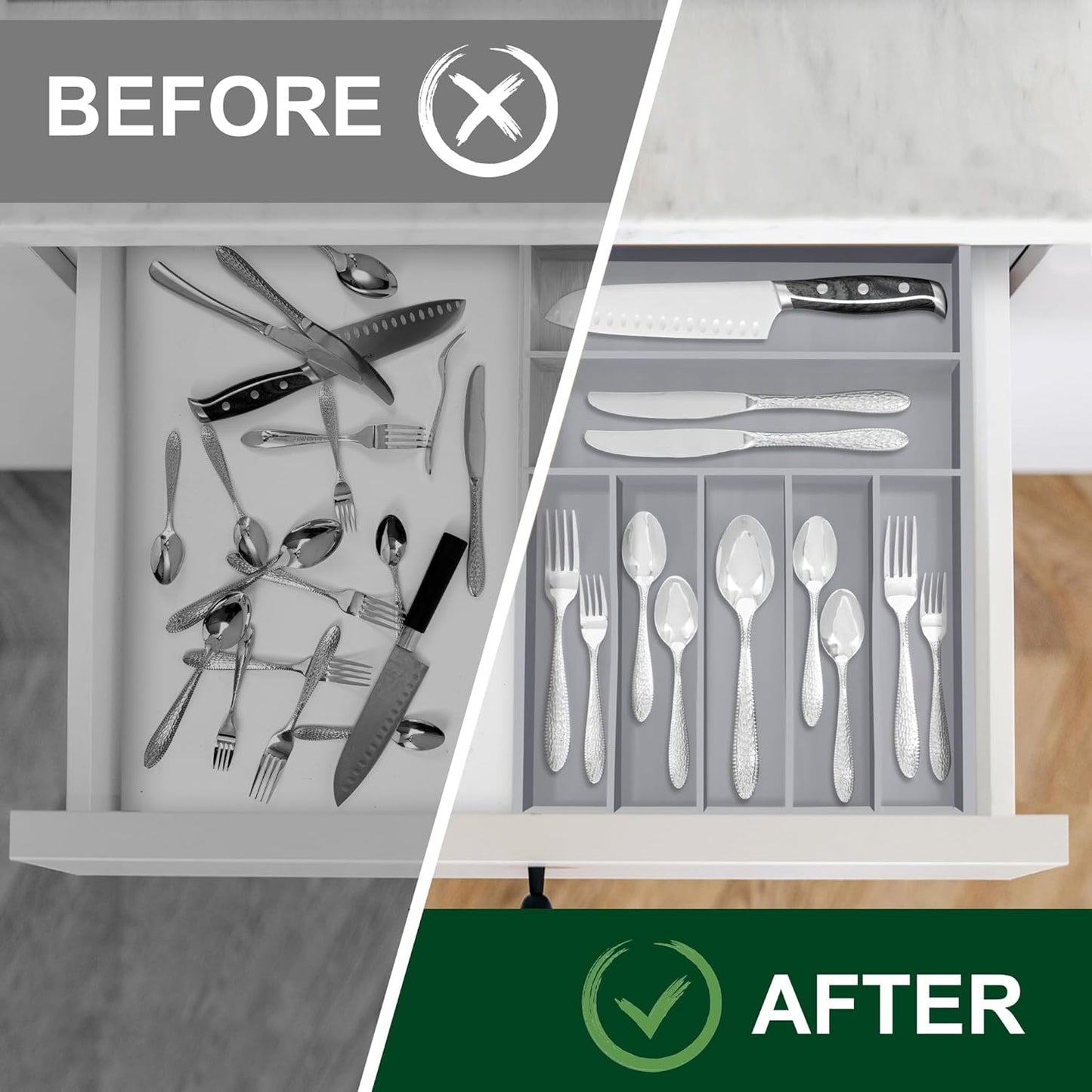 Bellsal Natural Utensil Organizer 12.5 Inch Silverware Organizer for Drawer Utensil Holder Cutlery Organizer Kitchen Drawer Organizer 7 Compartment Small Narrow Bamboo