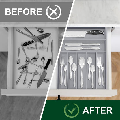 Bellsal Natural Utensil Organizer 12.5 Inch Silverware Organizer for Drawer Utensil Holder Cutlery Organizer Kitchen Drawer Organizer 7 Compartment Small Narrow Bamboo