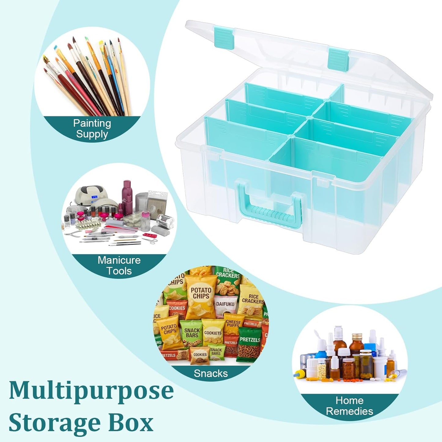 BTSKY Clear Plastic Dividing Storage Box with 4 Compartments Adjustable Storage Bin with Lid Plastic Craft Storage Container Multipurpose Sewing Box Art Supply Organizer, 13.3x8.1x3.4 Inches