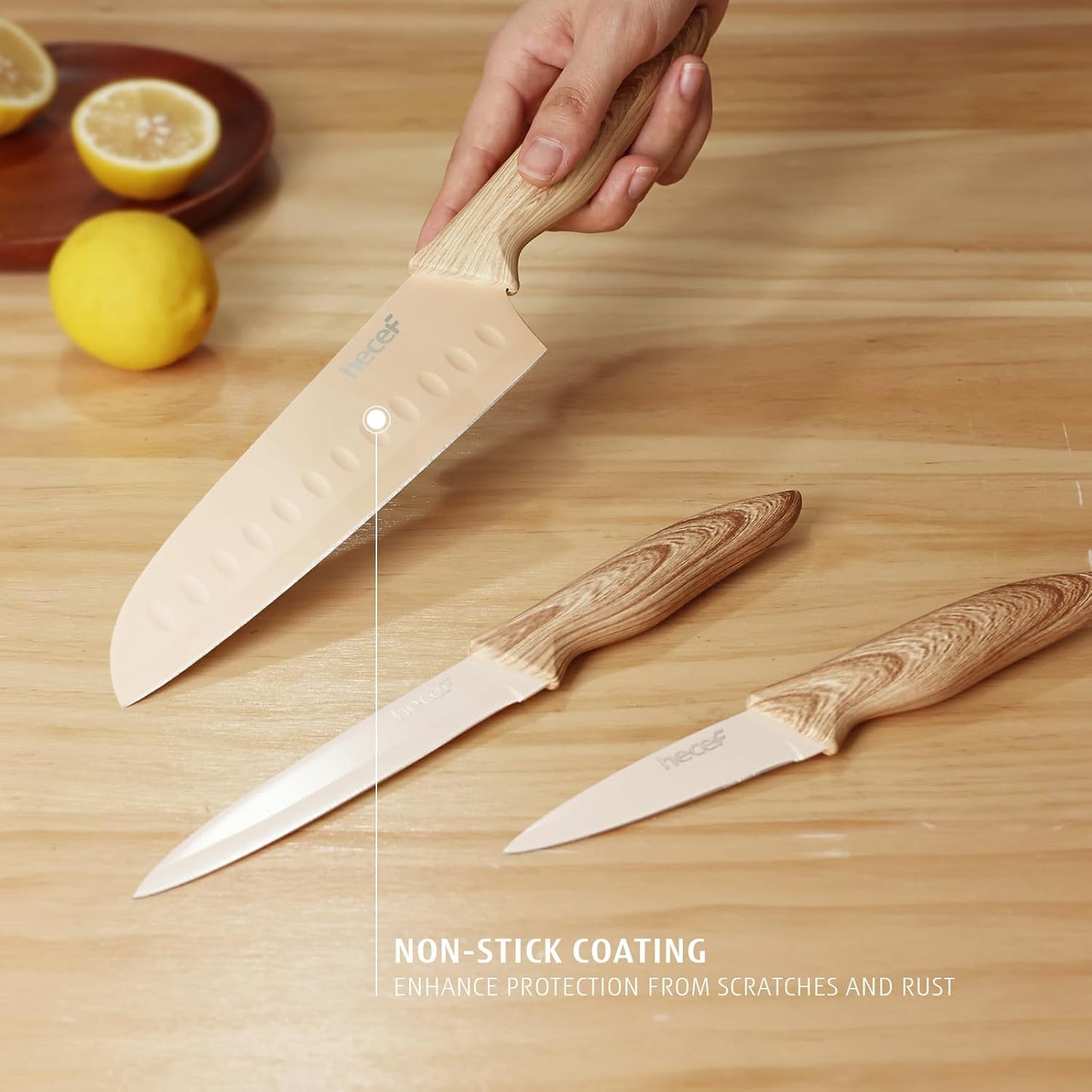 hecef Knife Set of 3, Stainless Steel Blade with Non-stick Coating, Sharp Kitchen Knives Includes Santoku, Utility, Paring Knives