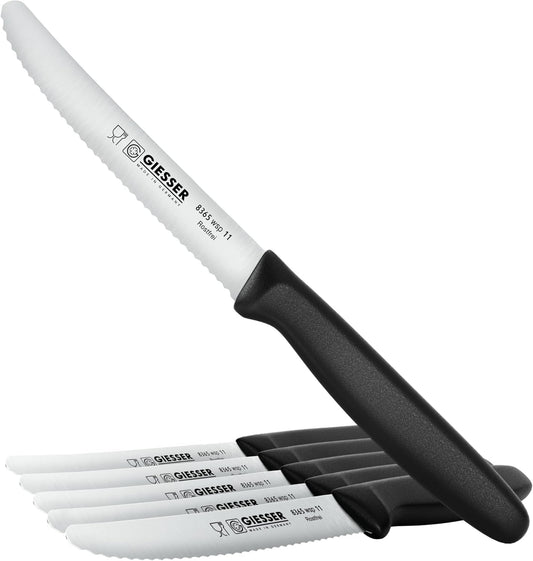 Giesser since 1776, Made in Germany, Serrated kitchen knives round tip dishwasher safe 4.5 inch - Tomato knife, Steak knive set of 6 (Black)