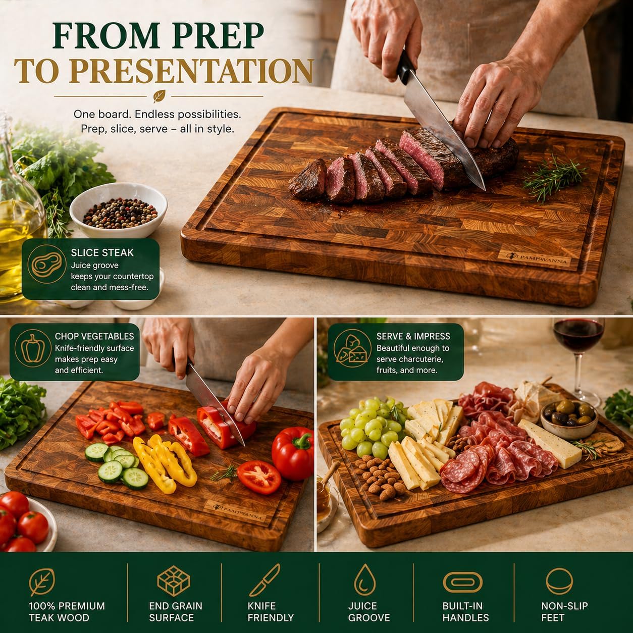 Teak End Grain Cutting Board [17 x 12 x 1.2 Inch], Large Butcher Block with Handles & Non-Slip Feet, Thick Wooden Chopping Board