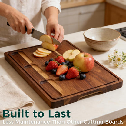 Walnut Cutting Board, Made in USA, FSC-Certified Walnut, Cutting Boards for Kitchen with 3 Built-in Compartments and Juice Grooves, End Grain Cutting Board with Handle, for Meat, Fruit(1.2" Thick)
