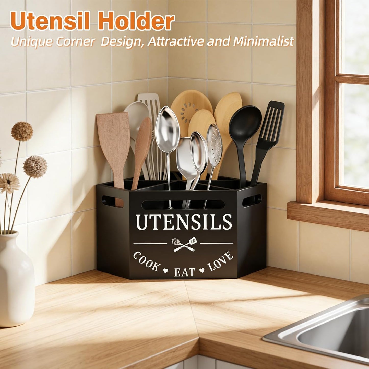 Kitchen Utensils Holder with 5 Compartments, Corner Utensil Caddy for Countertop, Black Large Wooden Utensil Organizer for Kitchen Countertop for Silverware Spoon Spatula