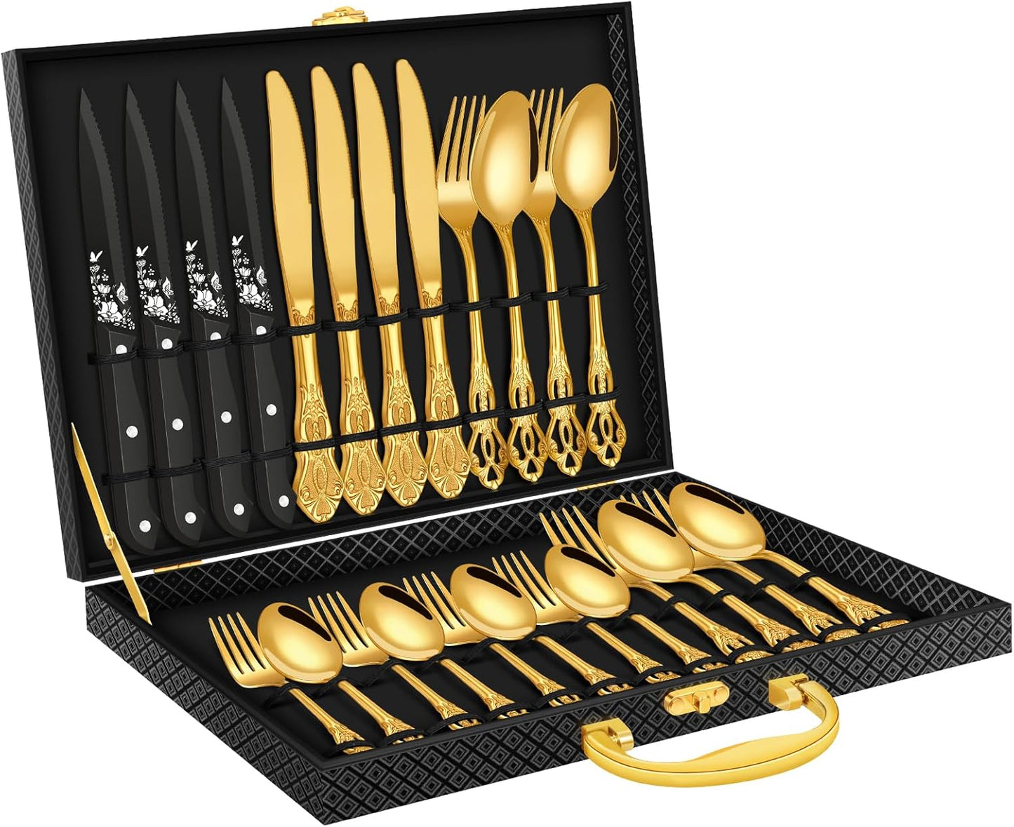 Black Silverware set with Steak Knives, Ollex 24PCS Retro Royal Flatware Set for 4 with Box, Food-Grade Stainless Steel Utensil Sets Includes Spoons Forks and Knives, Mirror Finish Dishwasher Safe