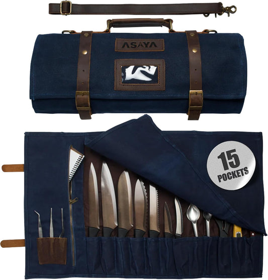 Asaya Waxed Canvas Knife Roll Bag - 15-Slot Chef Knife Bag with Leather Straps, Large Zippered Pocket and Card Holder - Carrying Case for Chefs and Culinary Students – Knives Not Included (Green)