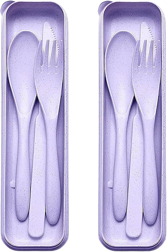 Reusable Travel Utensils Set with Case, 5 Sets Wheat Straw Portable Knife Fork Spoons Camping Cutlery for Lunch Box, Eco-Friendly BPA Free Tableware for Kids Adults Work Picnic or Daily Use (5 Colors)