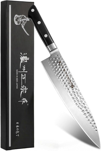 8 Inch Japanese Chef Knife, Made in Japan, Full Tang High Carbon Molybdenum Stainless Steel Gyuto Knife with Hammered Finish for Rock Chopping Meat, Fish and Vegetables