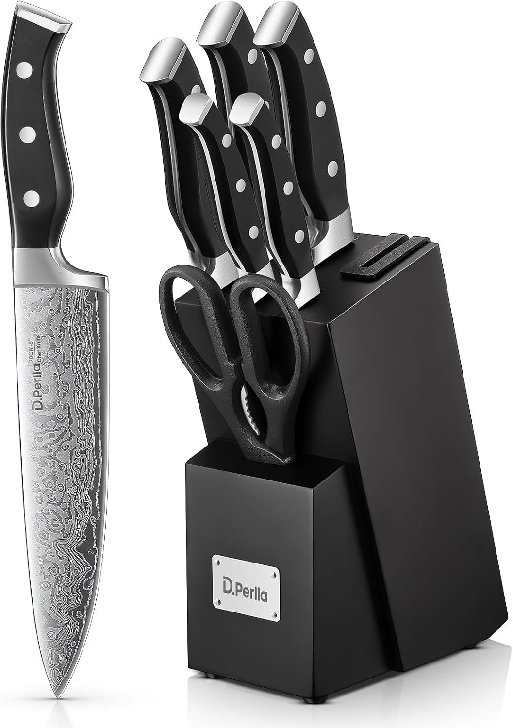 Knife Set, D.Perlla 8 Pieces Kitchen Knife Set with Built-in Sharpener, High Carbon German Stainless Steel Knife Block Set with Unique Waved Pattern, Non-slip Handle, Black