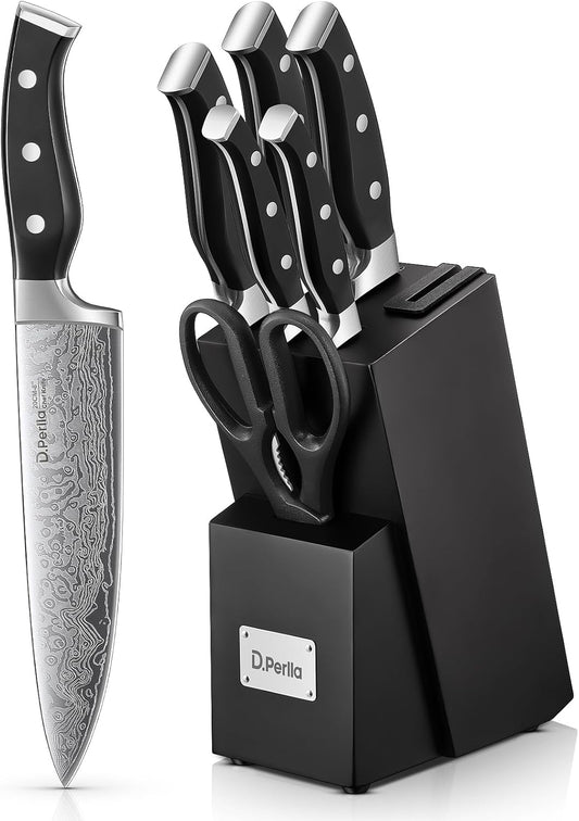 Knife Set, D.Perlla 8 Pieces Kitchen Knife Set with Built-in Sharpener, High Carbon German Stainless Steel Knife Block Set with Unique Waved Pattern, Non-slip Handle, Black