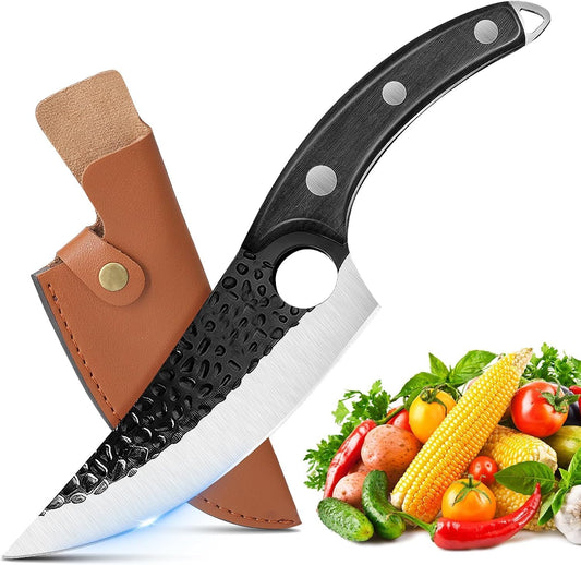 ZENG 7" Chef Knife, Hand Forged Butcher Knives with Sheath, High Carbon Steel Japanese Knife Meat Cleaver for Kitchen Meat Cutting, Viking Style Knives for Camping, Hunting, BBQ, Gifts for Men